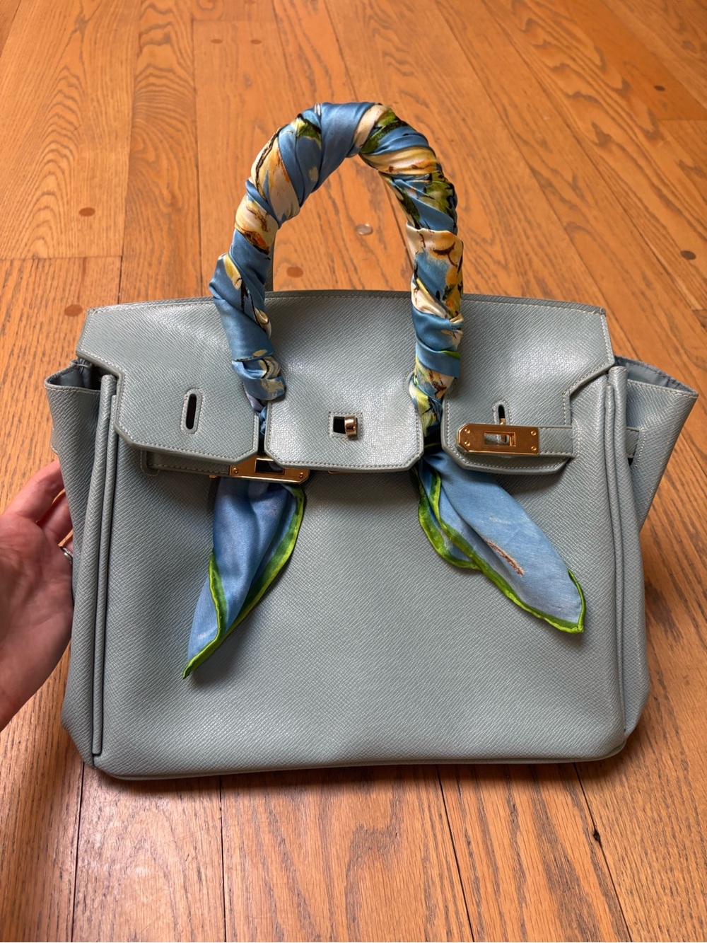 Structured Top-Handle Satchel in Light Blue with Scarf